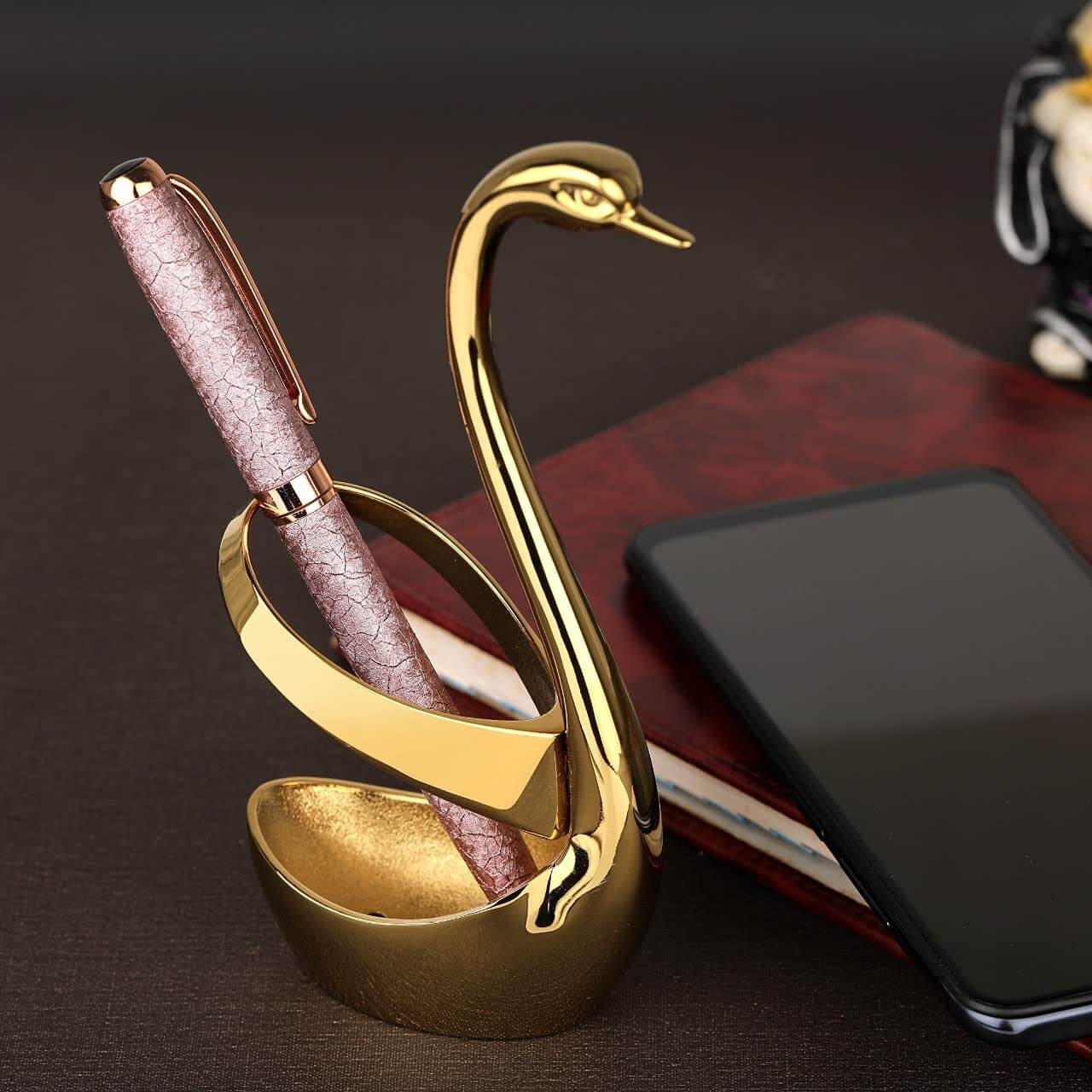 ROSTON Pen Stand with Pen, Holder Stand Office Desk Organizer Gold swan Corporate Gifts